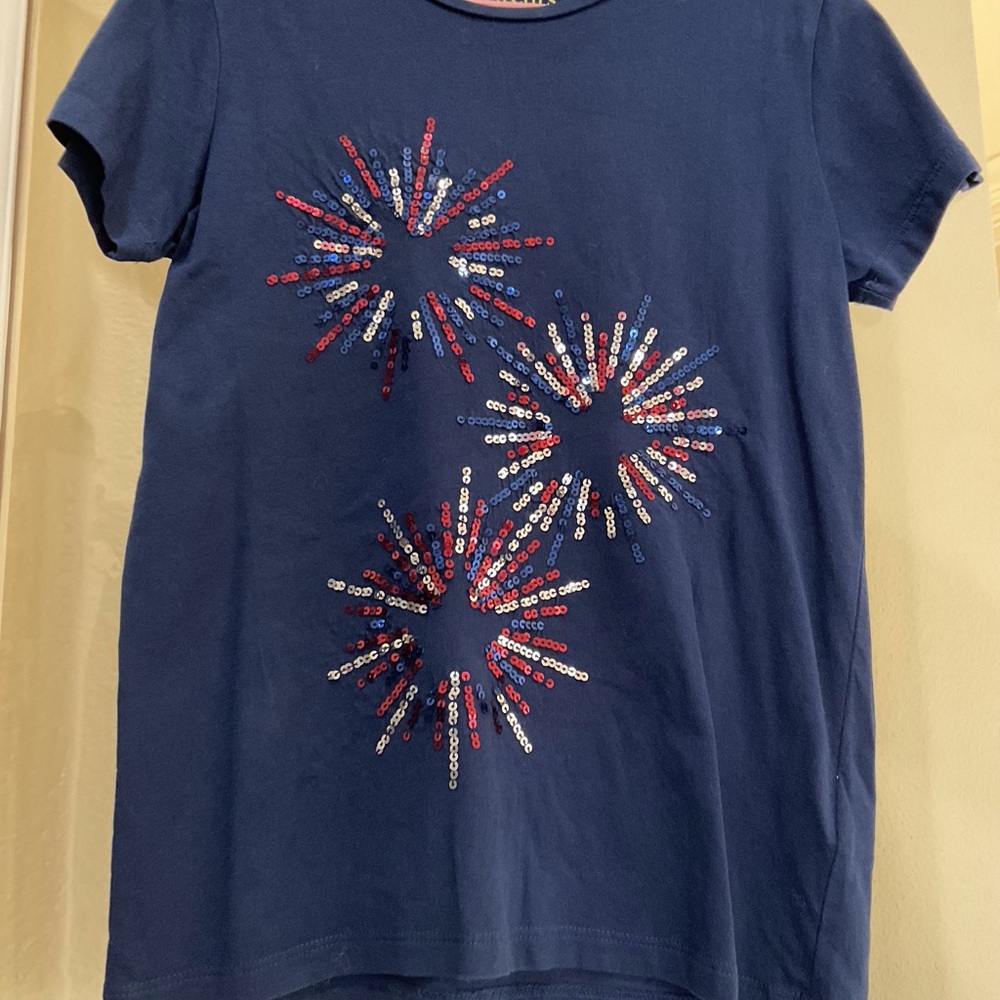 Crewcuts Navy Blue Kids Tee with Red and Silver Sequin Fireworks